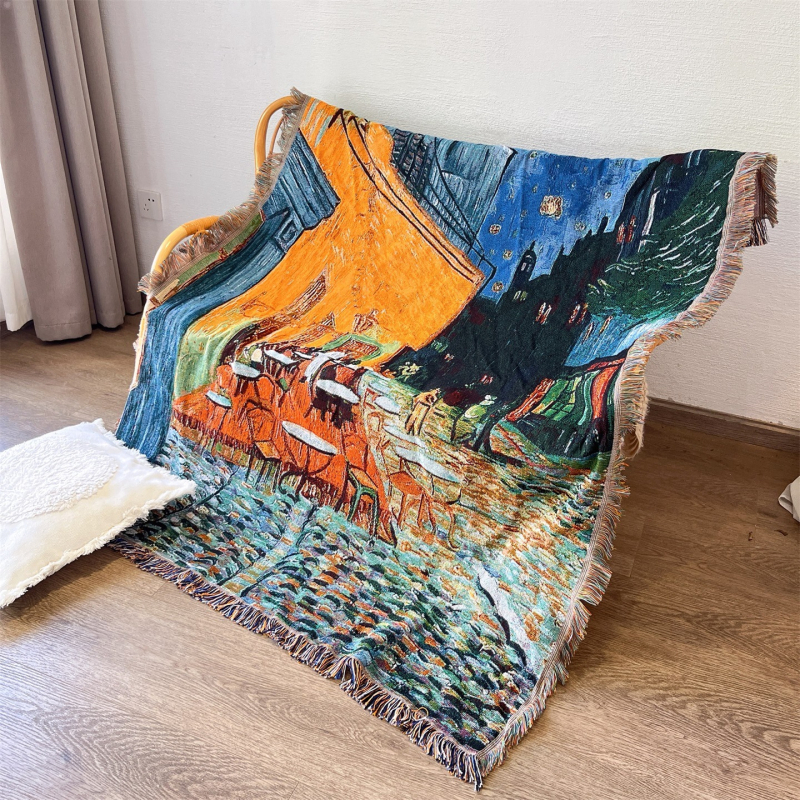 Tapiserie nordică inspirată de Vincent van Gogh pentru canapea, dreptunghiulară, peisaj, țesută la mașină, 60% poliester / 40% bumbac, lavabilă la mașină