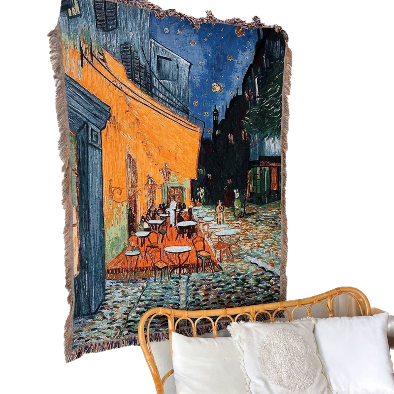 Tapiserie nordică inspirată de Vincent van Gogh pentru canapea, dreptunghiulară, peisaj, țesută la mașină, 60% poliester / 40% bumbac, lavabilă la mașină