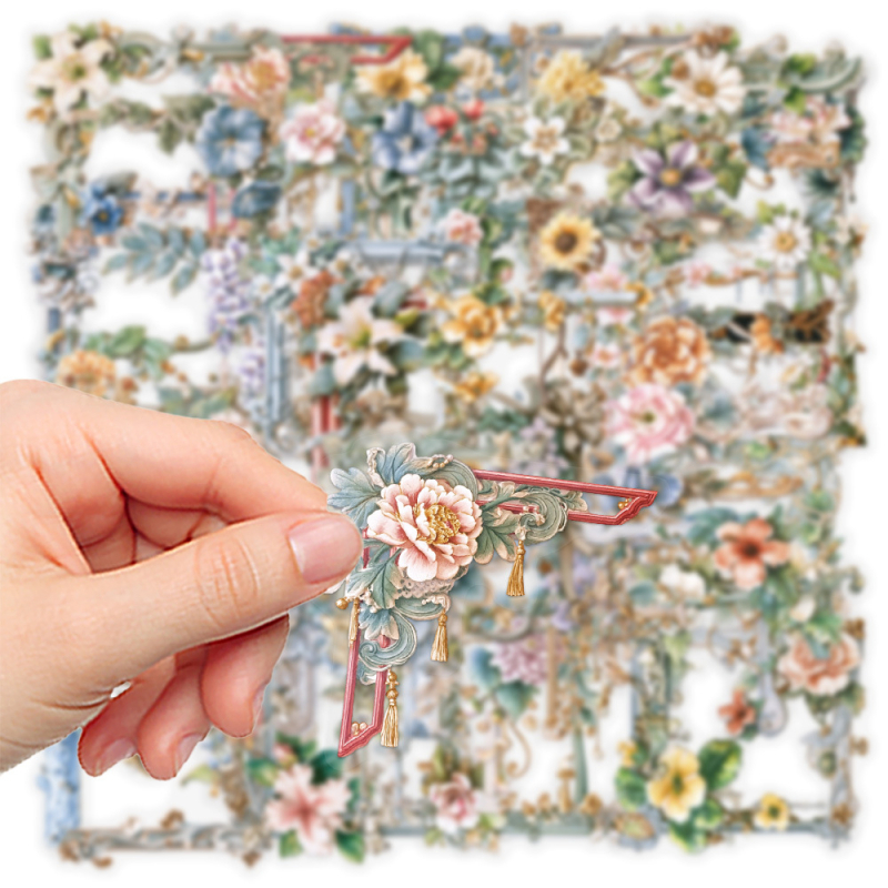 Chen Shuo Αυτοκόλλητα Λουλουδάτων Φωτογραφικών Καδρά, 50 τεμ, Διαφανές PET, Ρετρό Στυλ, Εκτύπωση, για Θήκες Κινητών και Μπουκάλια Νερού