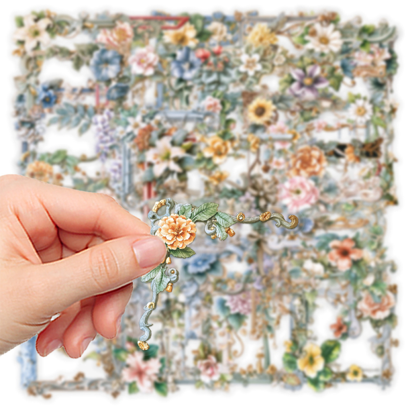 Chen Shuo Αυτοκόλλητα Λουλουδάτων Φωτογραφικών Καδρά, 50 τεμ, Διαφανές PET, Ρετρό Στυλ, Εκτύπωση, για Θήκες Κινητών και Μπουκάλια Νερού