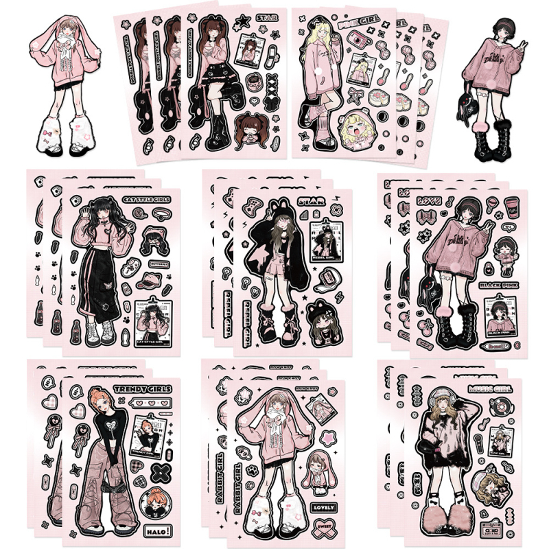 8-lapu pašlīmējošu uzlīmju komplekts DIY dienasgrāmatai un telefona vāciņa dekorēšanai; zīmols Tu; materiāls: PVC līmlapas; stils: karikatūra; process: uzlīmes un druka