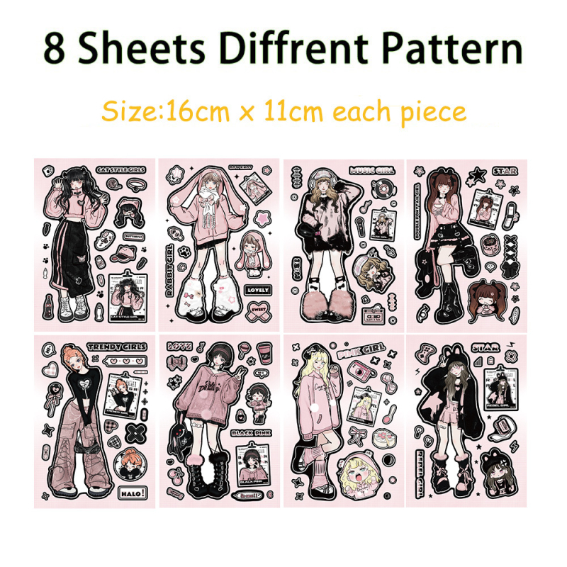 8 lakštų lipdukų rinkinys DIY dienoraščiui ir telefono dėklo dekoravimui; prekės ženklas Tu; medžiaga: PVC lipdukai; stilius: piešiniai; procesas: lipinimas ir spausdinimas