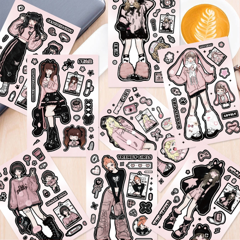 8 lakštų lipdukų rinkinys DIY dienoraščiui ir telefono dėklo dekoravimui; prekės ženklas Tu; medžiaga: PVC lipdukai; stilius: piešiniai; procesas: lipinimas ir spausdinimas