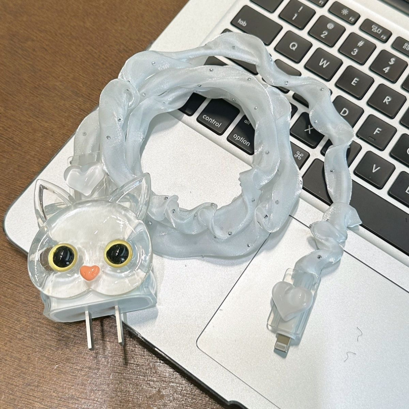 TPU комплект за iPhone 20W зарядно с предпазен калъф и 1,4 m кабел за данни (Модел 012, Карикатурна котка със сърце)