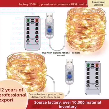 Rézdrótos LED-sor távirányítóval - 100 LED, 5V bemenet, USB táplálás, IP65 védelem, 4000 lm