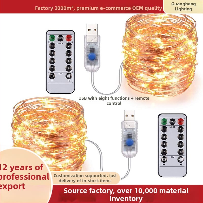 Rézdrótos LED-sor távirányítóval - 100 LED, 5V bemenet, USB táplálás, IP65 védelem, 4000 lm