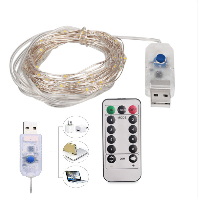 Rézdrótos LED-sor távirányítóval - 100 LED, 5V bemenet, USB táplálás, IP65 védelem, 4000 lm