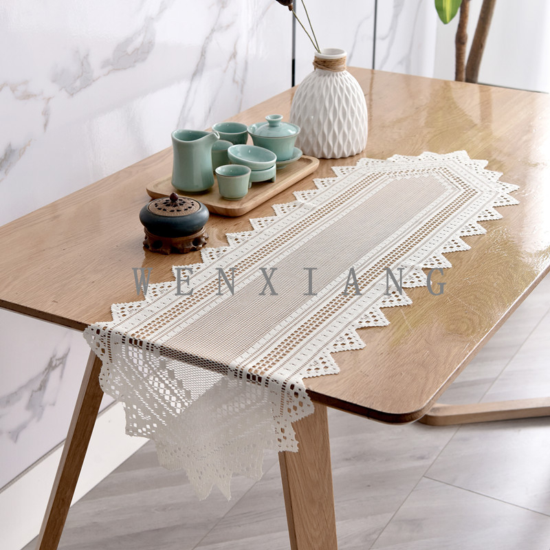 Stolni ubrus u europskom stilu s izrezanom čipkom za kavni stol, bež boje, 33×114 cm, geometrijski uzorak