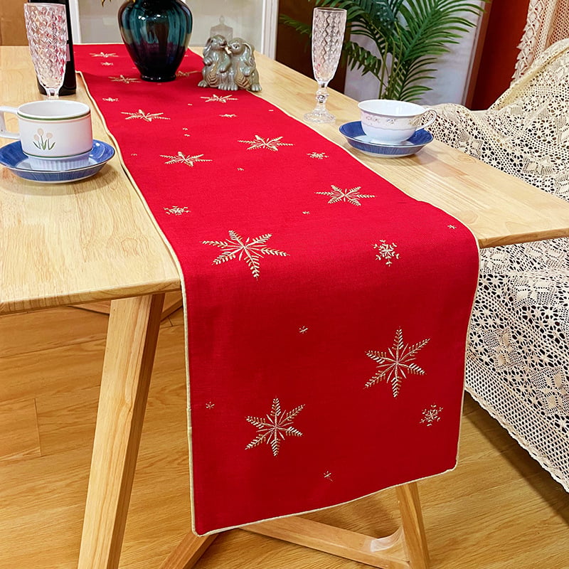 Runner decorativ de masă brodat cu fulgi de zăpadă, 100% poliester; potrivit pentru sufragerie, dormitor, birou, restaurant sau balcon.