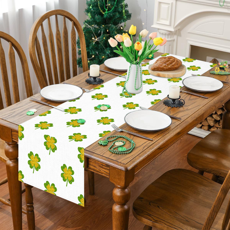 Runner de masă Nordic din in cu conținut 100% poliester, model flori/ iarbă/ frunze, personalizabil