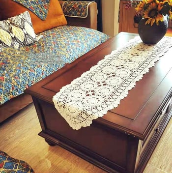 Runner de masă croșetat manual, 100% bumbac, model floral, protecție împotriva prafului pentru măsuța de cafea și dulapul pentru televizor