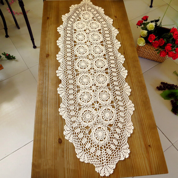 Runner de masă croșetat manual, 100% bumbac, model floral, protecție împotriva prafului pentru măsuța de cafea și dulapul pentru televizor