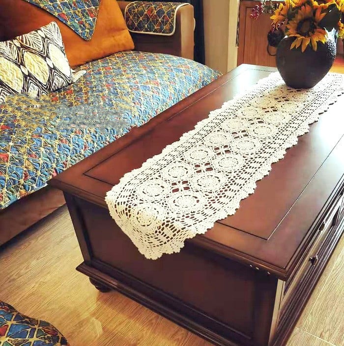 Runner de masă croșetat manual, 100% bumbac, model floral, protecție împotriva prafului pentru măsuța de cafea și dulapul pentru televizor