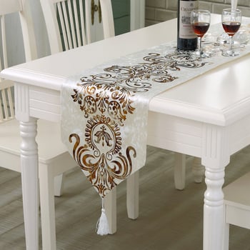 Table Runner cu accente bronzate, stil palat european modern, model geometric, țesătură flok, fibre de polipropilenă 80%