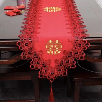 Steag de masă pentru nuntă, stil nou chinezesc, țesătură dantelată festivă din poliester cu accente din fir de mătase, personalizabil