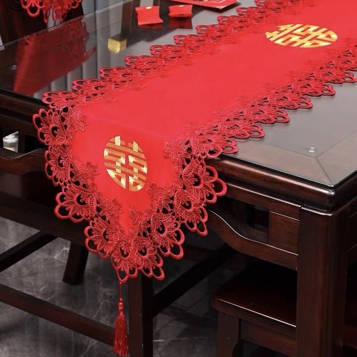 Steag de masă pentru nuntă, stil nou chinezesc, țesătură dantelată festivă din poliester cu accente din fir de mătase, personalizabil