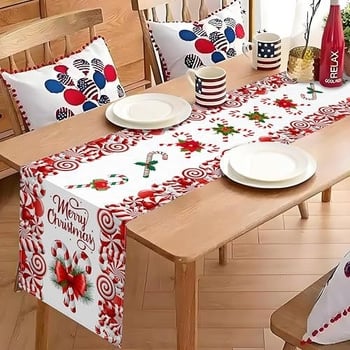 Runner pentru masă cu model plante și flori, stil retro de Crăciun, 100% poliester, personalizabil