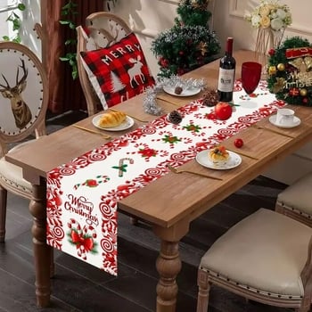 Runner pentru masă cu model plante și flori, stil retro de Crăciun, 100% poliester, personalizabil