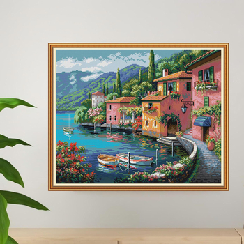 Комплект за кръст бод: пейзаж край морето с лодки и къщи, 11CT плат, екологичен памук, за хол и спалня