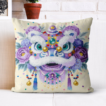 Obliečka na vankúš s krížovou výšivkou, otvorenie na tri strany, 11 ct, motív leva, do obývačky