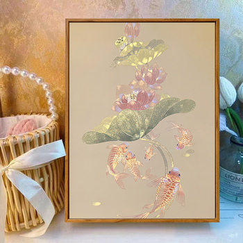 Set za križno šivanje: Lotus Koi – motiv biljaka i cvijeća, platno 9-ct, plastična podloga, novi kineski stil