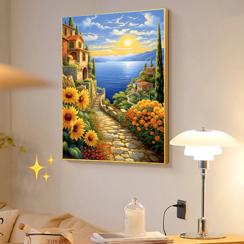 Mona Lisa set za križno šivanje – pejzaž uz obalu grada sa suncokretima na bijelom platnu 9-ct