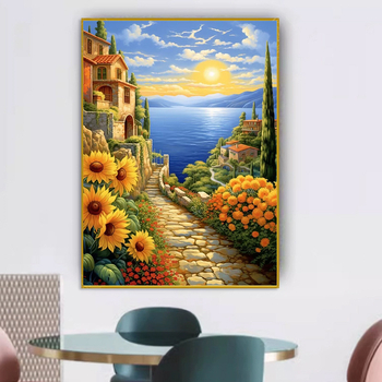 Mona Lisa set za križno šivanje – pejzaž uz obalu grada sa suncokretima na bijelom platnu 9-ct