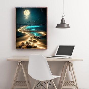DIY set dijamantnog slikanja: Plaža pod mjesečinom, 5D križni bod, morska scena