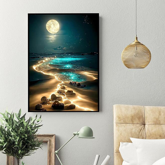 DIY set dijamantnog slikanja: Plaža pod mjesečinom, 5D križni bod, morska scena
