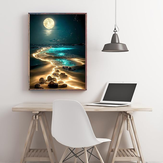 DIY set dijamantnog slikanja: Plaža pod mjesečinom, 5D križni bod, morska scena
