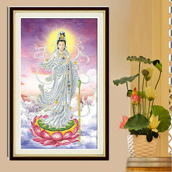 Qingfei 5D precizno otisnuta platna za križno šivanje – Guanyin na lotosu, bijela platna, svilen konac, 11CT