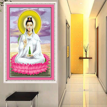 Qingfei 5D precizno otisnuta platna za križno šivanje – Guanyin na lotosu, bijela platna, svilen konac, 11CT