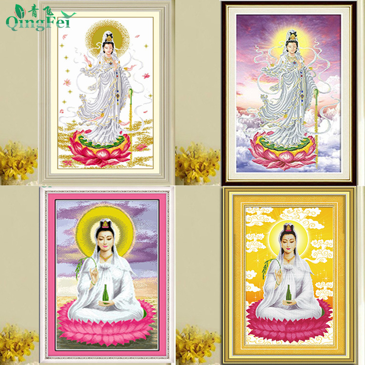 Qingfei 5D precizno otisnuta platna za križno šivanje – Guanyin na lotosu, bijela platna, svilen konac, 11CT