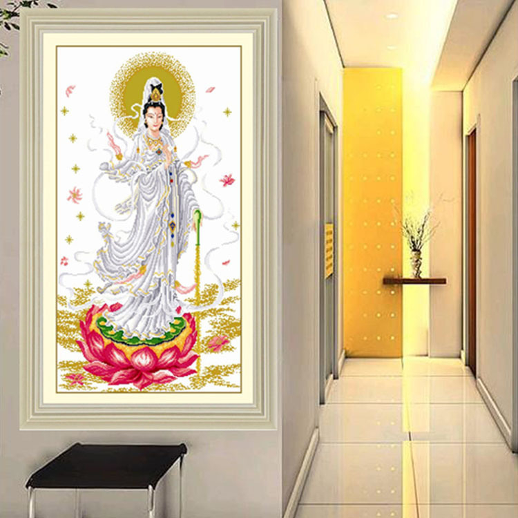 Qingfei 5D precizno otisnuta platna za križno šivanje – Guanyin na lotosu, bijela platna, svilen konac, 11CT