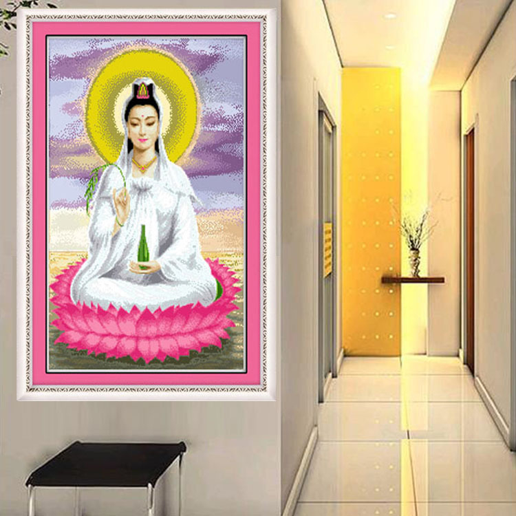 Qingfei 5D precizno otisnuta platna za križno šivanje – Guanyin na lotosu, bijela platna, svilen konac, 11CT
