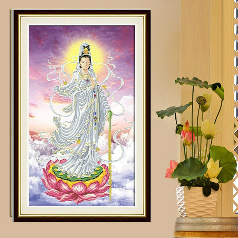 Qingfei 5D precizno otisnuta platna za križno šivanje – Guanyin na lotosu, bijela platna, svilen konac, 11CT