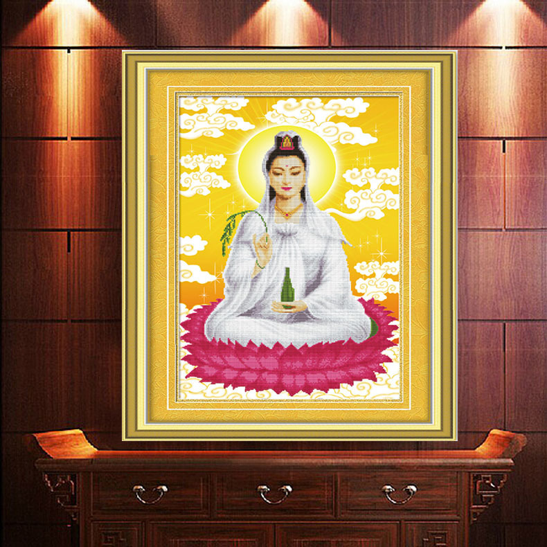 Qingfei 5D precizno otisnuta platna za križno šivanje – Guanyin na lotosu, bijela platna, svilen konac, 11CT