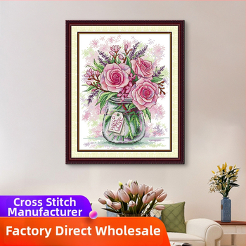 Set de broderie cu cruci: Peisaj cu trandafiri și lavandă, pânză 11CT, bumbac ecologic, pentru sufragerie și dormitor