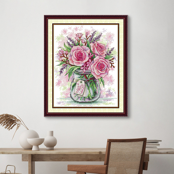 Set de broderie cu cruci: Peisaj cu trandafiri și lavandă, pânză 11CT, bumbac ecologic, pentru sufragerie și dormitor