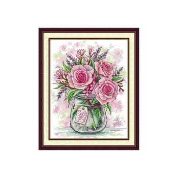 Set de broderie cu cruci: Peisaj cu trandafiri și lavandă, pânză 11CT, bumbac ecologic, pentru sufragerie și dormitor