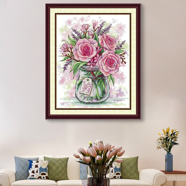 Set de broderie cu cruci: Peisaj cu trandafiri și lavandă, pânză 11CT, bumbac ecologic, pentru sufragerie și dormitor