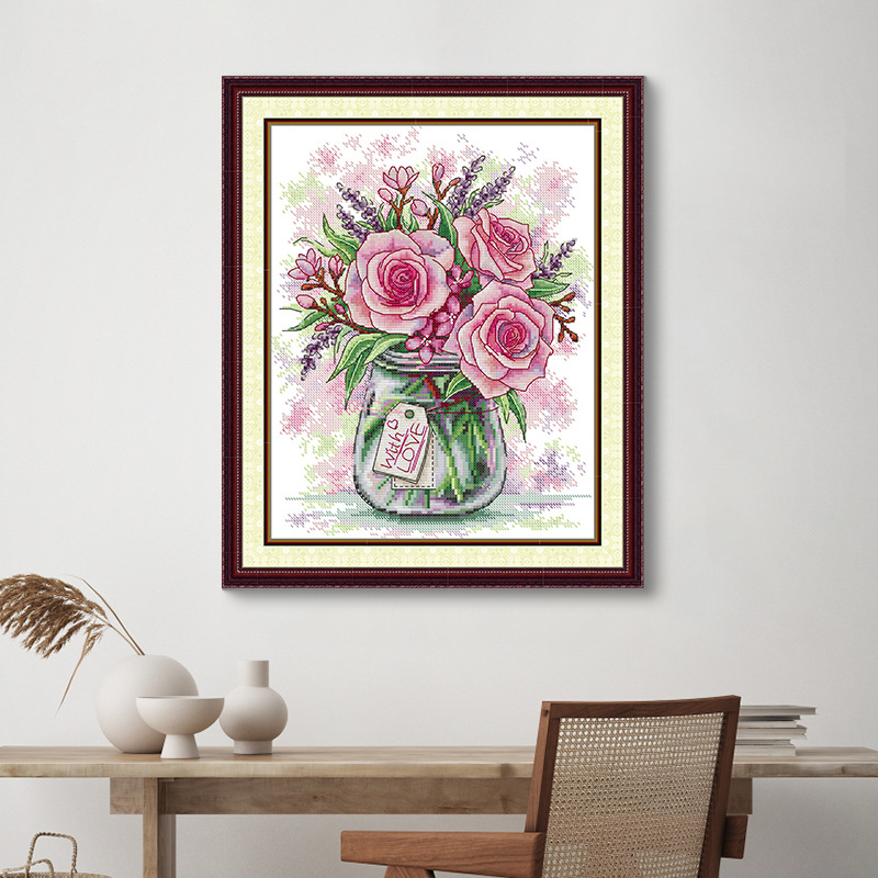 Set de broderie cu cruci: Peisaj cu trandafiri și lavandă, pânză 11CT, bumbac ecologic, pentru sufragerie și dormitor