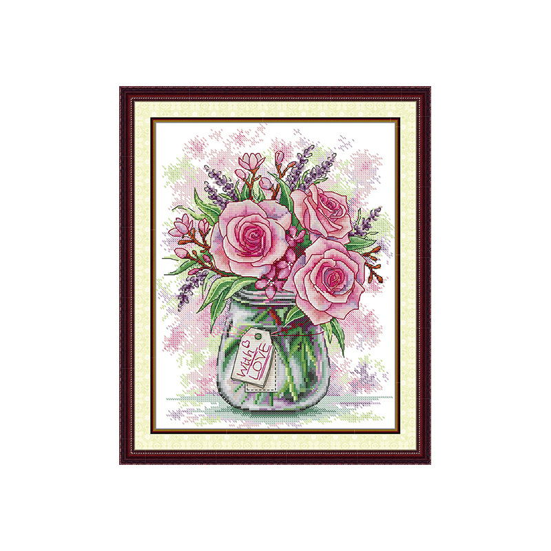 Set de broderie cu cruci: Peisaj cu trandafiri și lavandă, pânză 11CT, bumbac ecologic, pentru sufragerie și dormitor