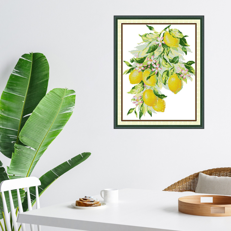 Set broderie cu cruce cu motiv lemon desen animat, țesătură 11CT, bumbac ecologic