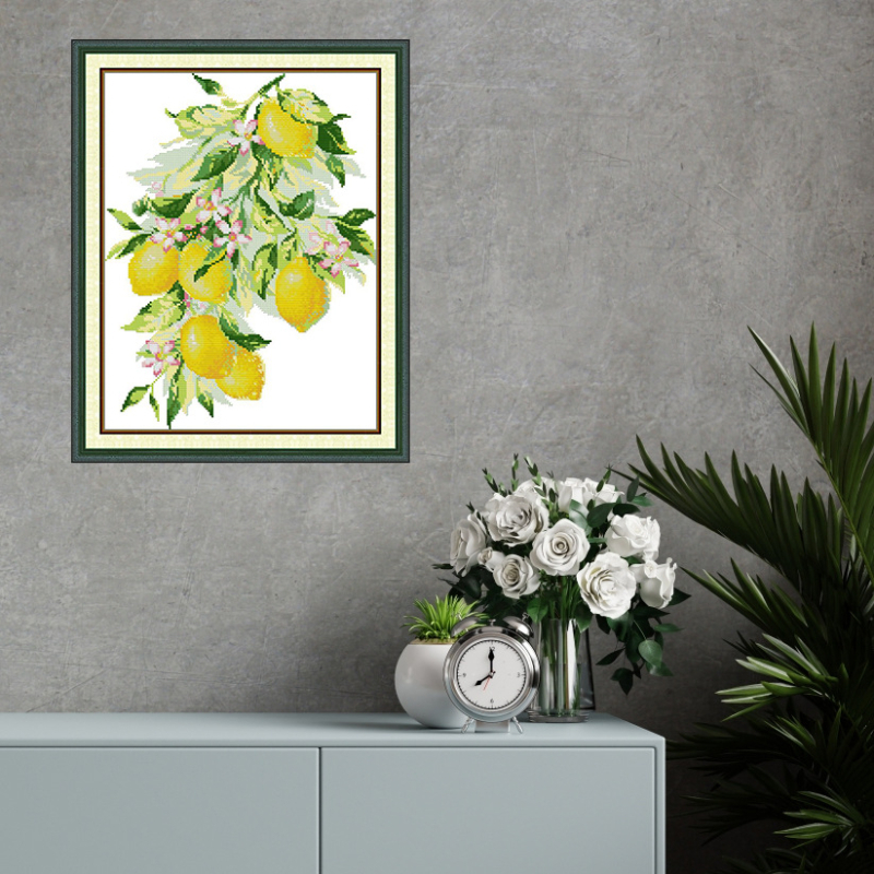 Set broderie cu cruce cu motiv lemon desen animat, țesătură 11CT, bumbac ecologic