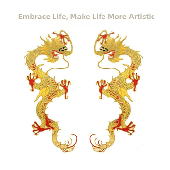 Sárkány hímzett vászon folt flitterekkel, forró olvadó ragasztó hátlappal, ruhákhoz és táncos ruhákhoz (Anyag: vászon + hímzőszál; Márka: New yi hao embroidery)