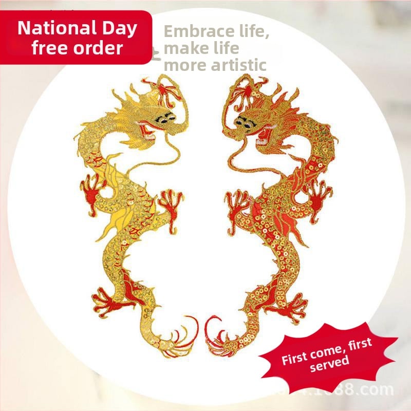 Sárkány hímzett vászon folt flitterekkel, forró olvadó ragasztó hátlappal, ruhákhoz és táncos ruhákhoz (Anyag: vászon + hímzőszál; Márka: New yi hao embroidery)