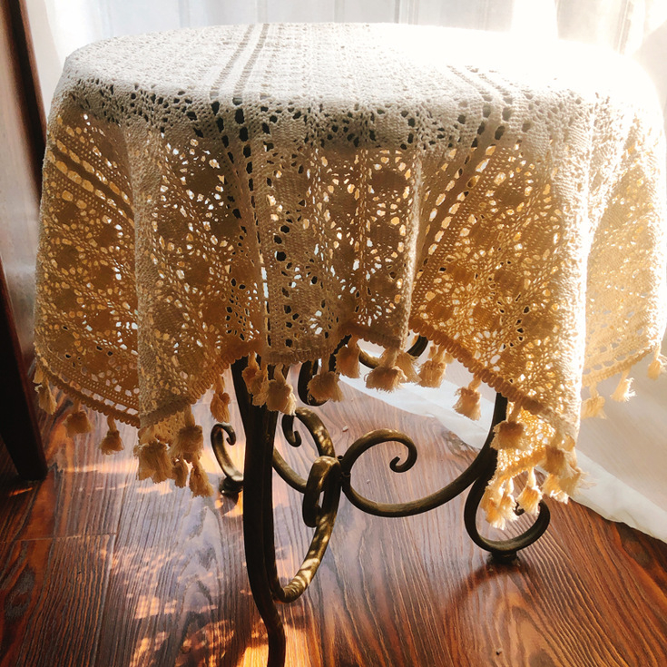 Față de masă din bumbac cu dantelă croșetată, stil idilic american retro, pentru mesele din living, birou și restaurant
