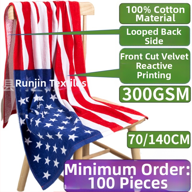 Ručnik za kupanje i plažu od 100% pamuka, motiv američke zastave, Cut Velvet tisak, 200-300 g, 21 vlakana, uzorak po želji