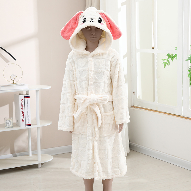 Gyerekeknek szóló kapucnis poncsó köntös, korall flock anyagból, 90% poliészter